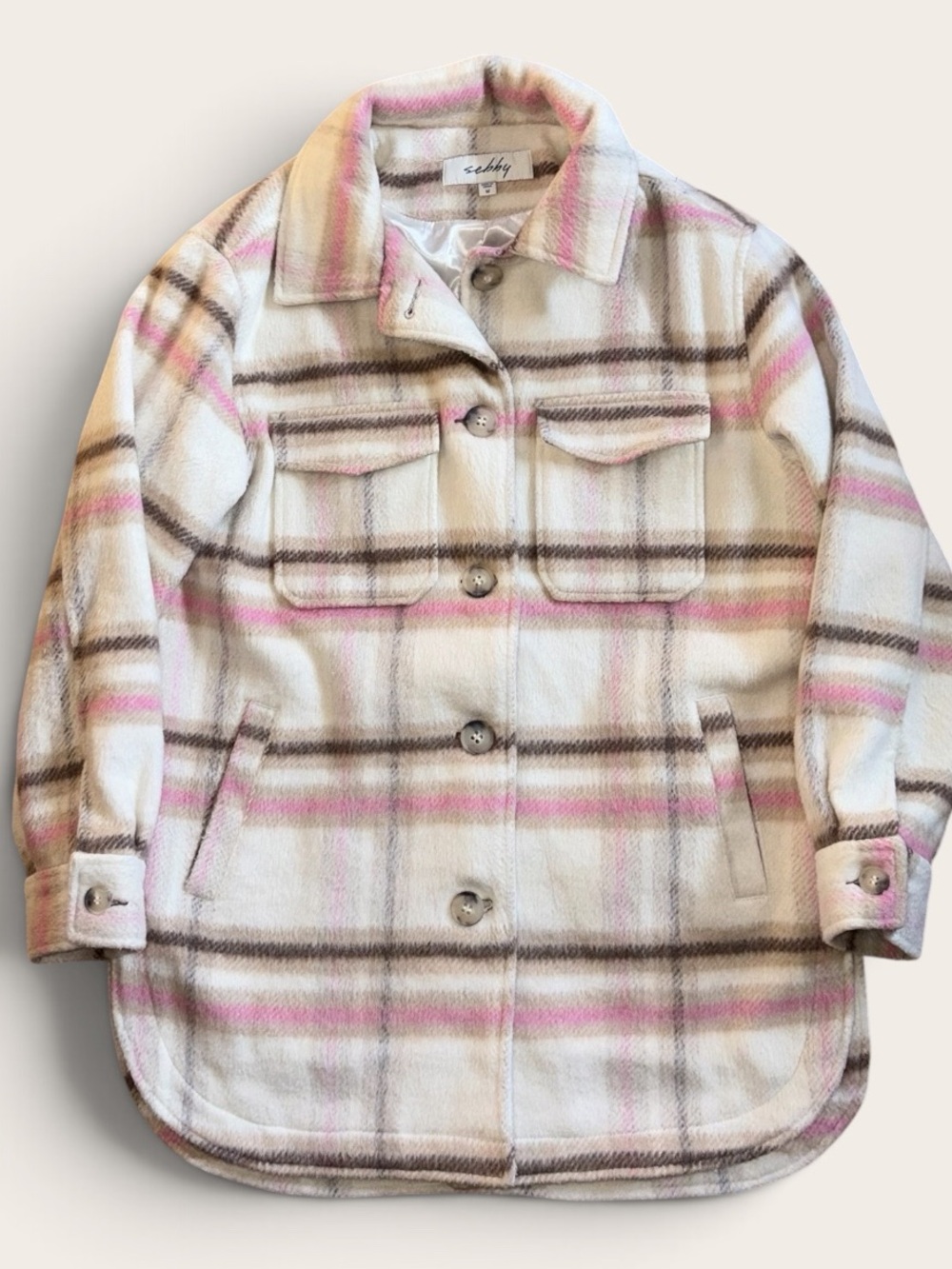 Sebby Women’s M Pink Plaid Wool Blend Shacket Oversized Button Front Jacket